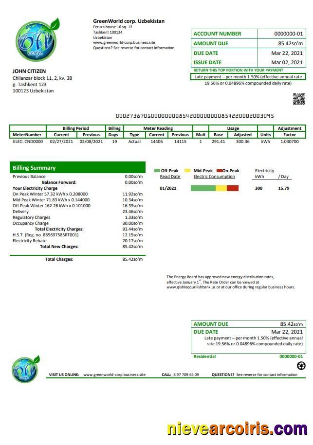 Uzbekistan GreenWorld utility bill